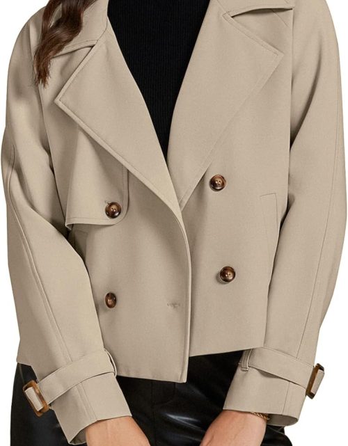 Cropped Trench Coat for Women Long Sleeve Double Breasted Notched Lapel Casual Loose Fit Jackets with Pockets